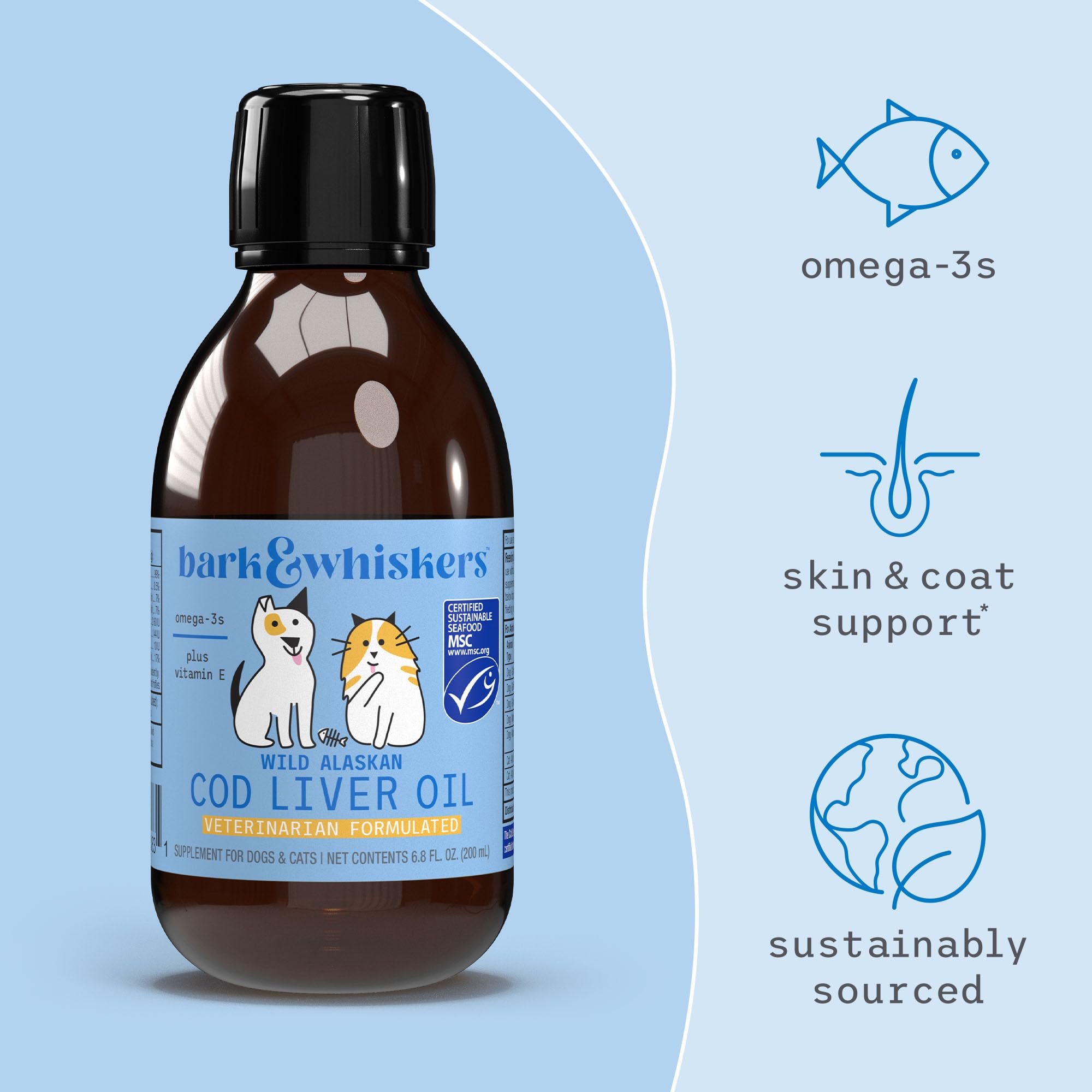 Dr. Mercola Bark & Whiskers Wild Alaskan Cod Liver Oil for Dogs & Cats, Omega-3s, Vitamin E, Skin and Coat, Joint Health, Veterinarian Formulated, Non-GMO - 6.8 Fl. Oz. (200 mL) - Image 4