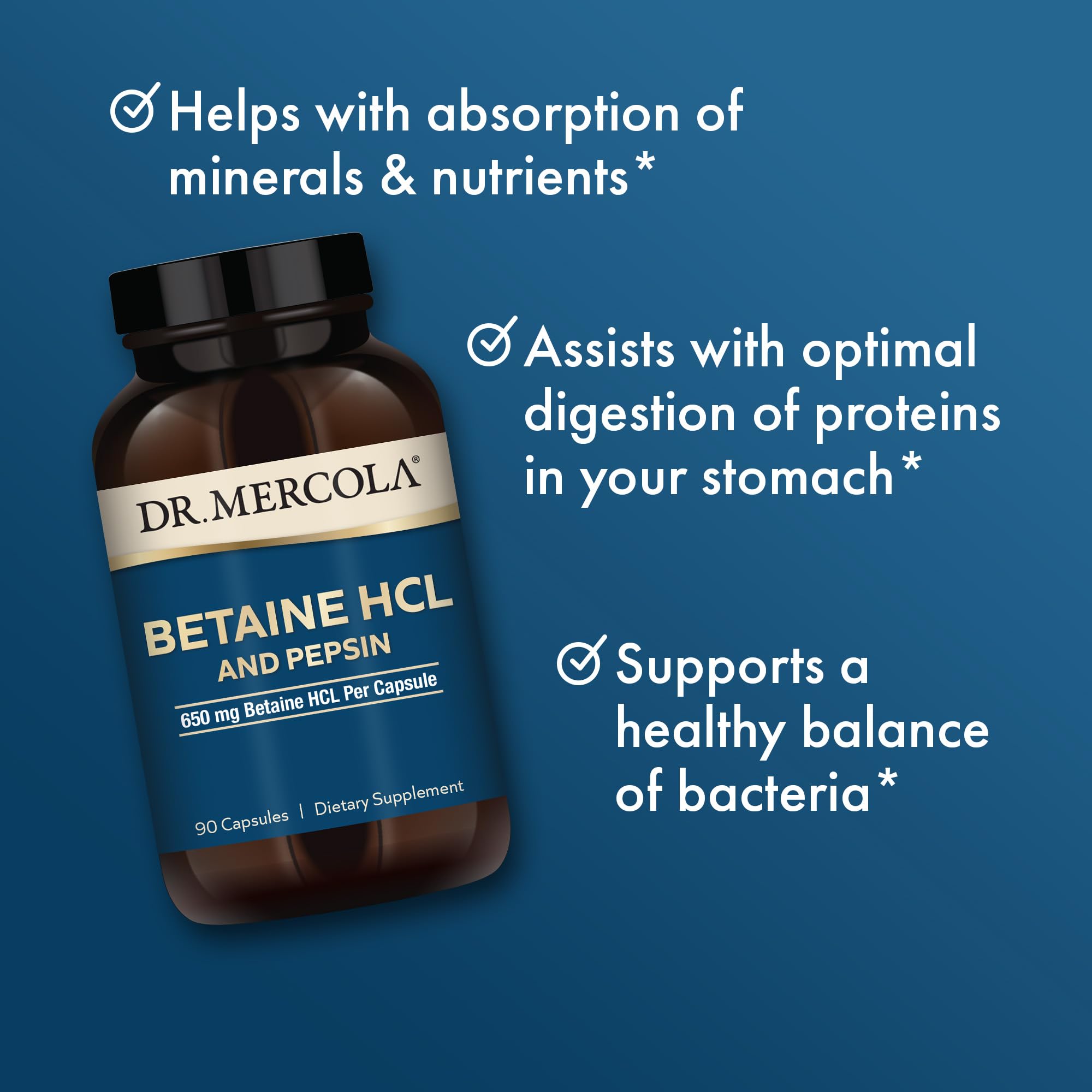 Dr. Mercola Betaine HCL & Pepsin - Digestive Support Supplement for pH Balance - Aids Mineral & Nutrient Absorption - Digestive Aid - Non-GMO, Gluten-Free & Soy-Free - 90 Capsules (30 Servings) - Image 4