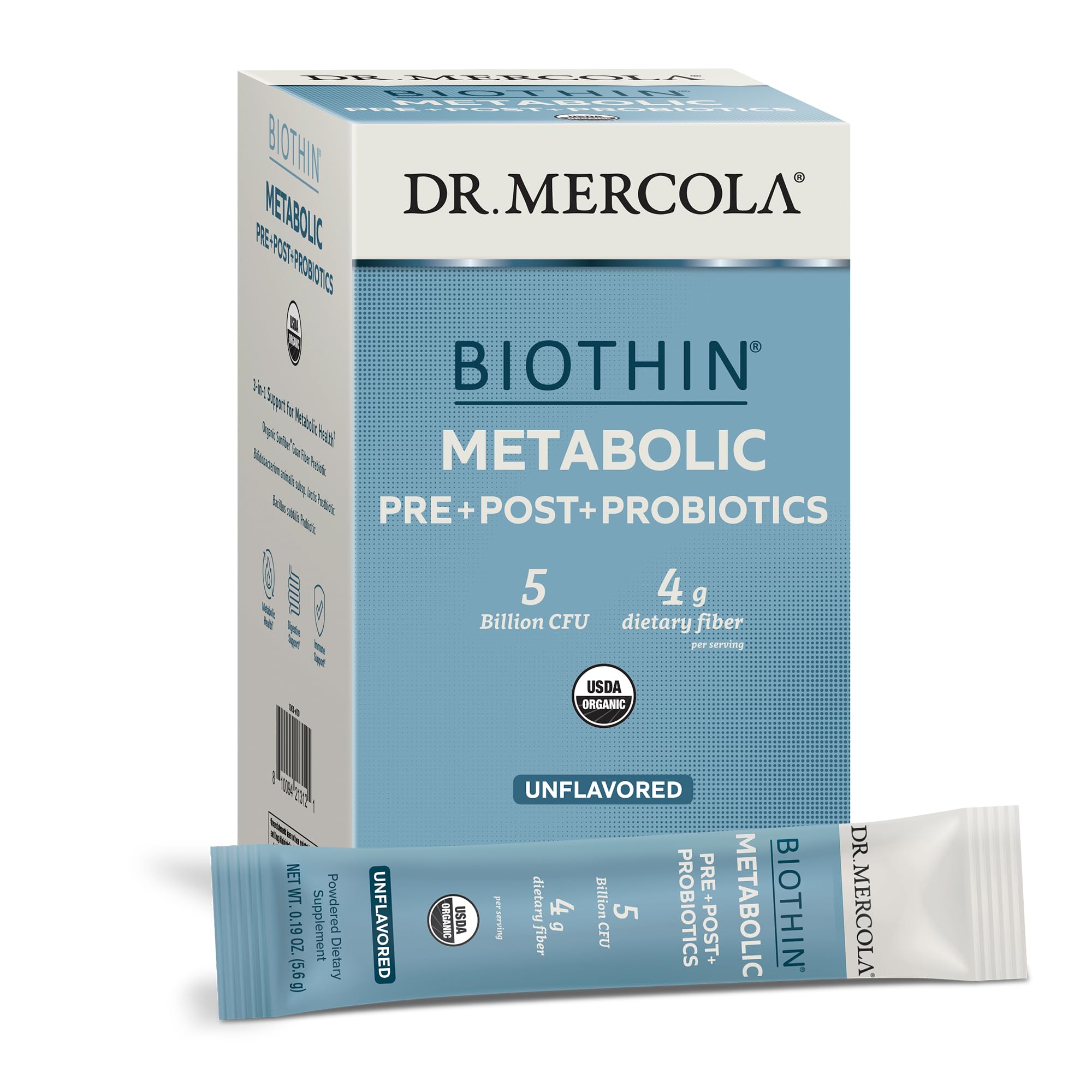 Dr. Mercola Biothin Metabolic Pre + Post + Probiotics, Unflavored, 30 Servings (30 Packets), Dietary Supplement, 5 Billion CFU, 4 g Dietary Fiber, Certified USDA Organic, Non-GMO - Image 3