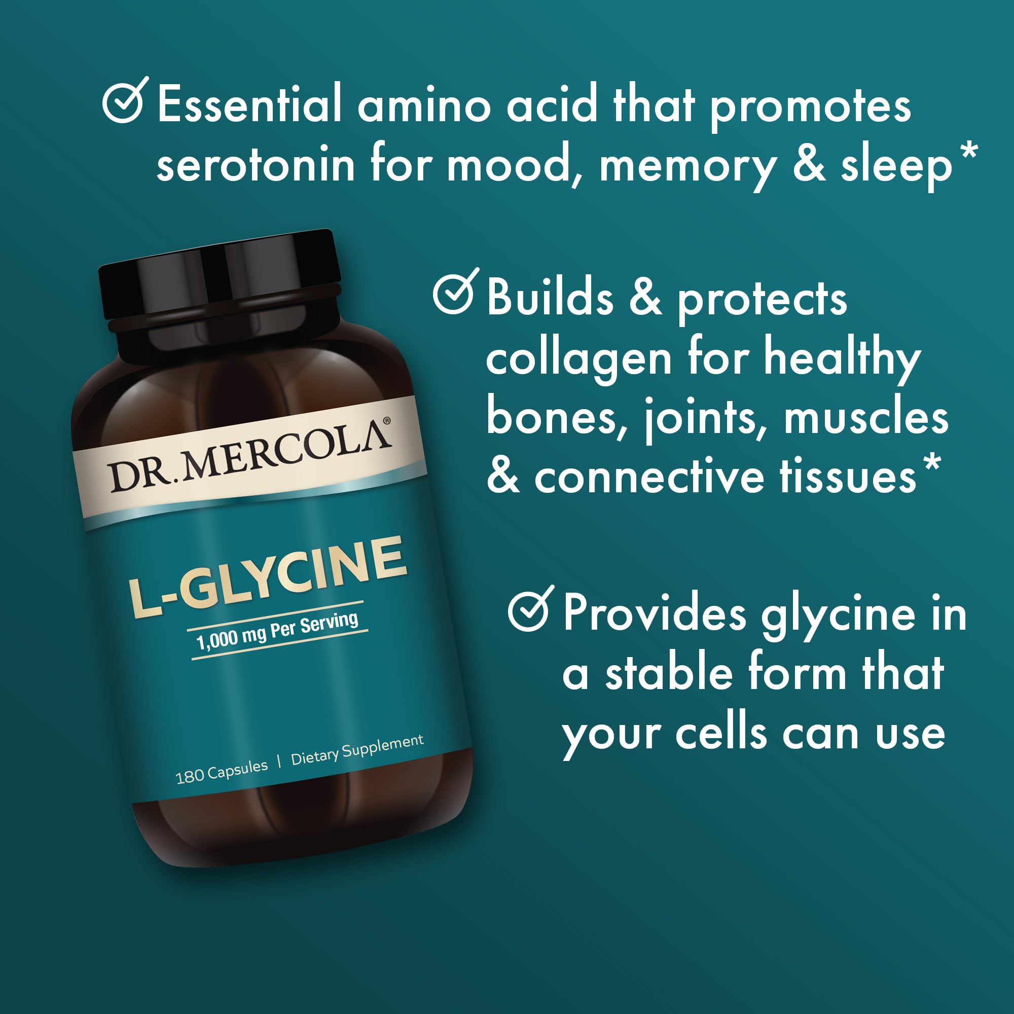 Dr. Mercola L-Glycine - Aids Production of Glutathione & Collagen - Supports Heart, Brain, Digestion, Metabolic & Immune Health - Non-GMO, Gluten-Free & Soy-Free - 180 Capsules (90 Servings) - Image 4