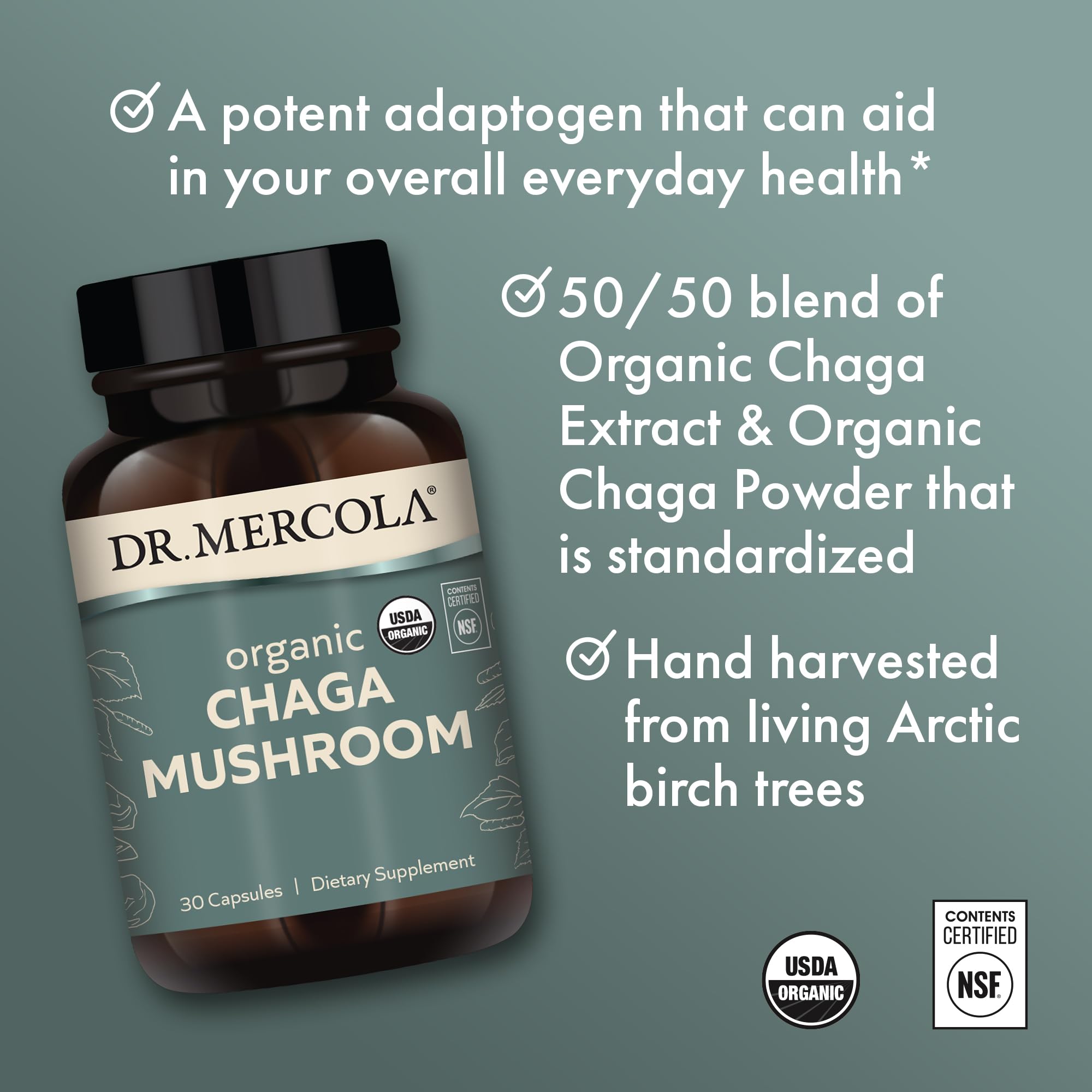 Dr. Mercola Organic Chaga Mushroom - Immune Support - Adaptogenic Blend with Chaga Extract & Chaga Powder - USDA Organic - Gluten-Free - 30 Capsules (30 Servings) - Image 4