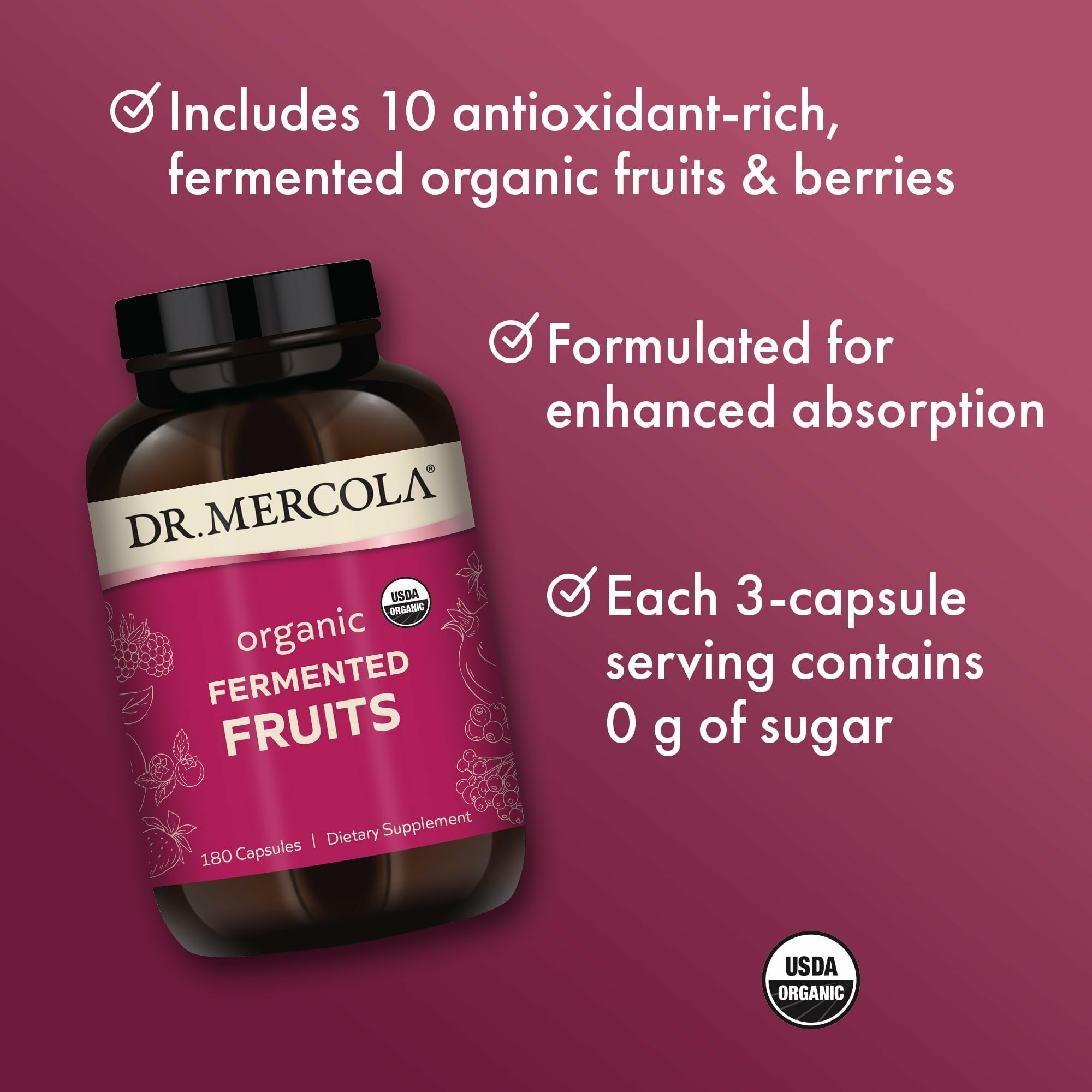 Dr. Mercola Organic Fermented Fruits - Antioxidant Support - Whole Food Berry & Fruit Blend - Zero Sugar - Non-GMO - Gluten-Free - 180 Capsules - Image 4
