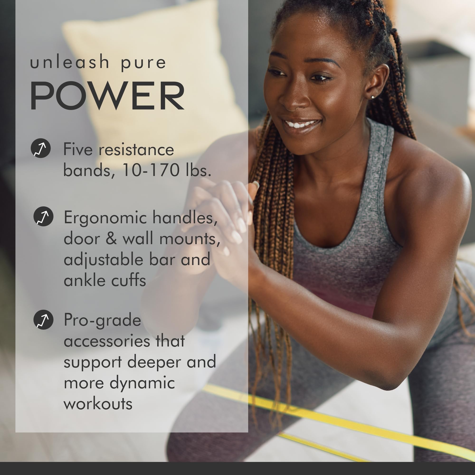 Dr. Mercola Pure Power Resistance Bands - Elite Set, 5 Bands 10-170 lb, 2 Ankle Cuffs, 4 lb. Adjustable Bar. - Image 4