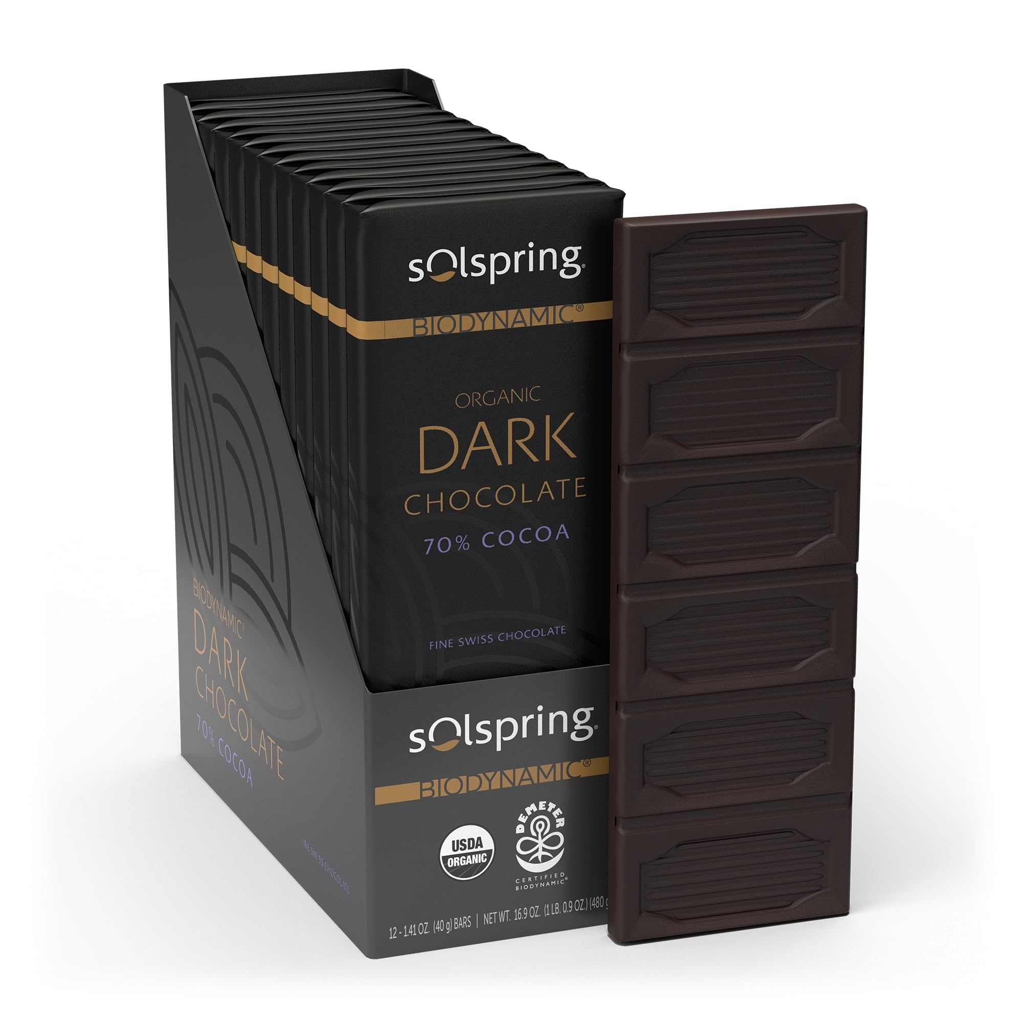 Dr. Mercola Solspring Dark Chocolate Bars - Biodynamic Organic Chocolate Snack - 70 Percent Cocoa - Cane Sugar - Gluten-Free, Non-GMO & Soy-Free - 1 Box (12 Bars) - Image 3