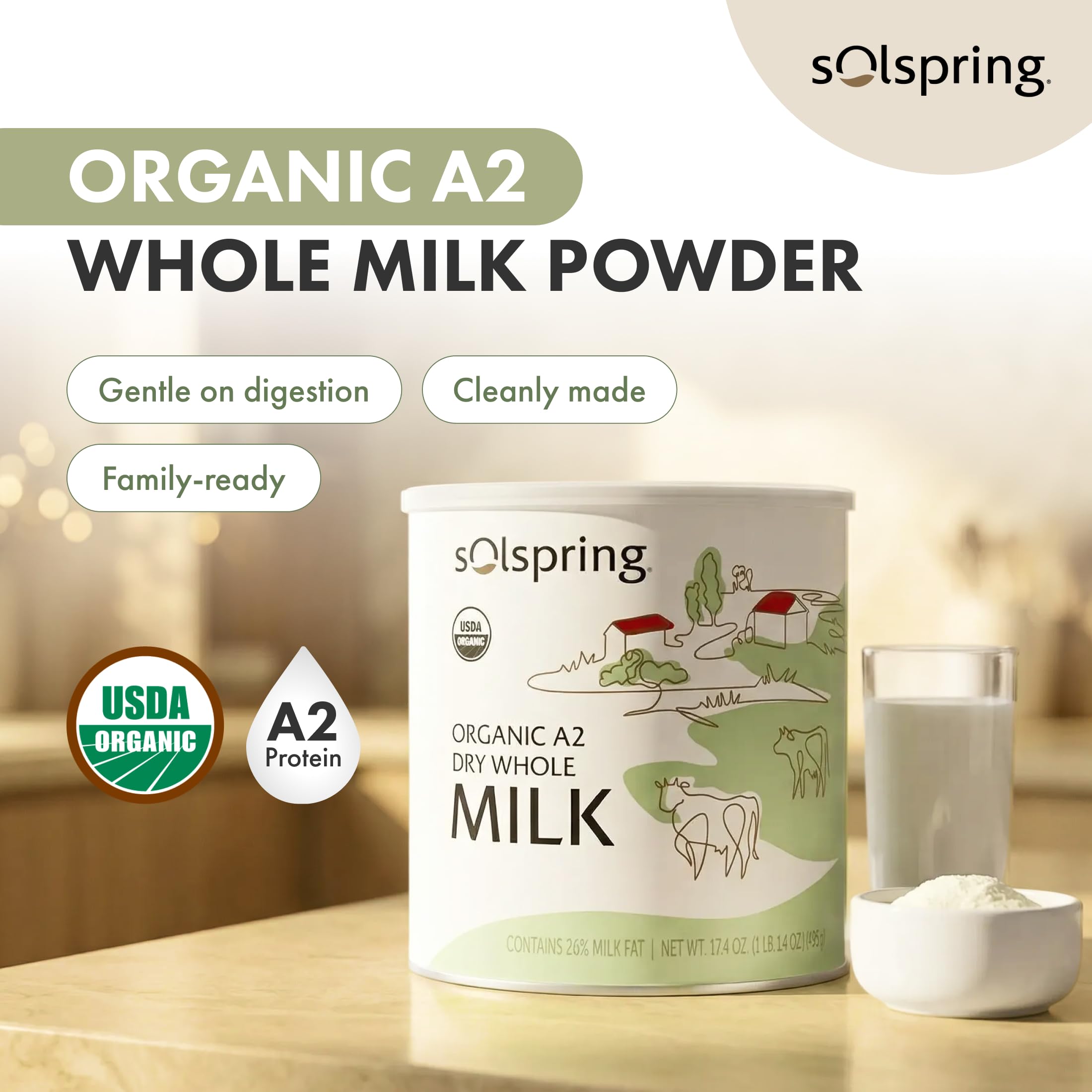 Dr. Mercola Solspring Organic A2 Dry Whole Milk - Powdered Milk with A2 Beta-Casein for Less Digestive Discomfort - Organic, Gluten-Free & Soy-Free - Original Flavor - 17.4 oz (15 Servings) - Image 3