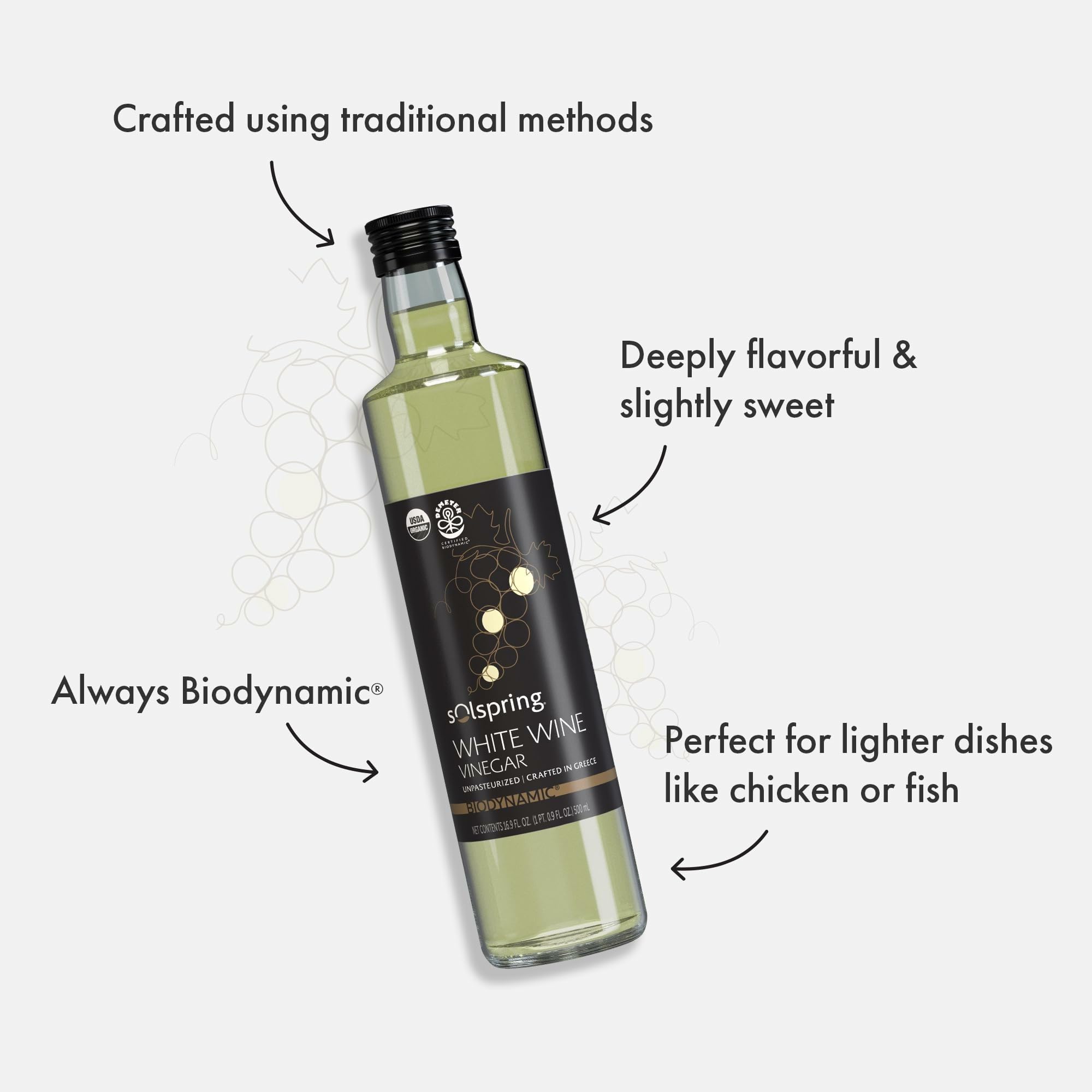 Dr. Mercola Solspring White Wine Vinegar - Biodynamic Organic Vinegar - Crafted from Roditis & Savatiano Grapes - Unfiltered & Glass Bottled - Certified USDA Organic - 16.9 Fl. Oz. (33 Servings) - Image 3