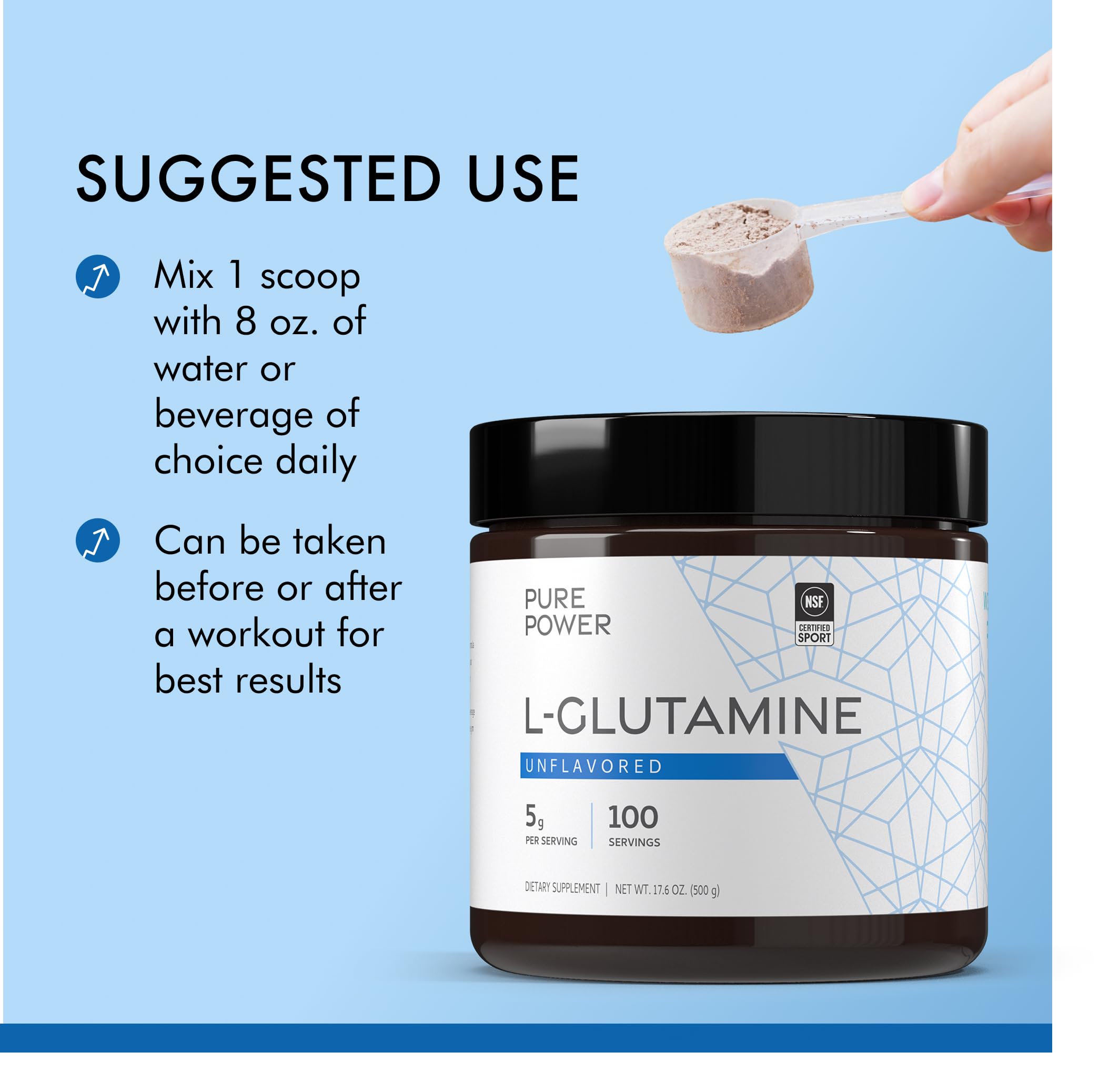 Pure Power L-Glutamine, Unflavored, 17.6 oz (500 g), 100 Servings (1 Jar), 5 g Per Serving, Non-GMO, NSF Certified for Sport, Dr. Mercola - Image 4